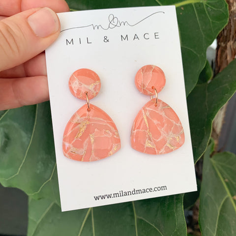 Coral and Gold Polymer Clay Dangle Earrings with Resin Finish