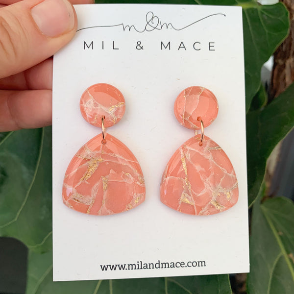 Coral and Gold Polymer Clay Dangle Earrings with Resin Finish