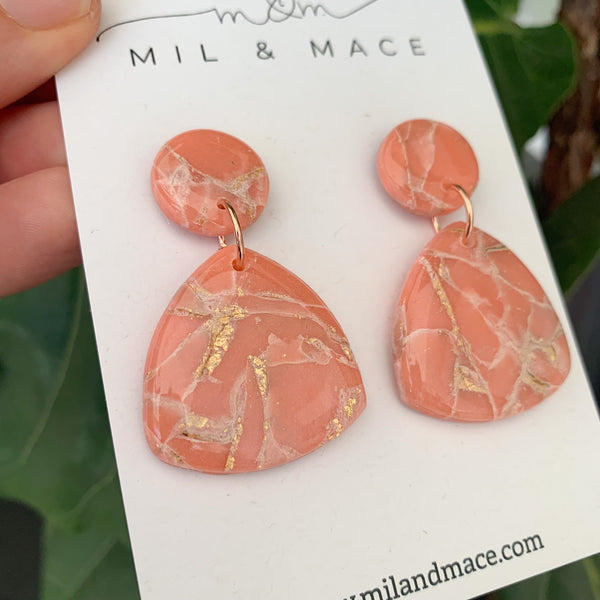 Coral and Gold Polymer Clay Dangle Earrings with Resin Finish