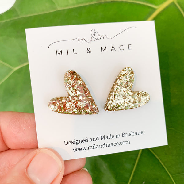 Hearts Gold Glitter Stud Earrings