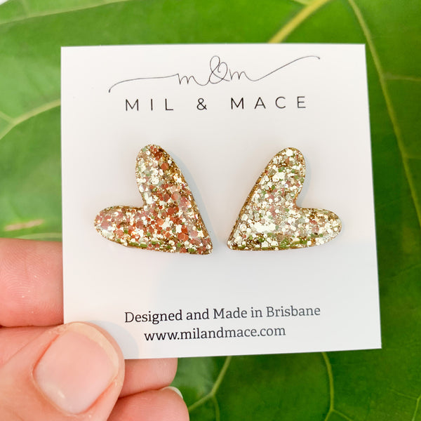 Hearts Gold Glitter Stud Earrings