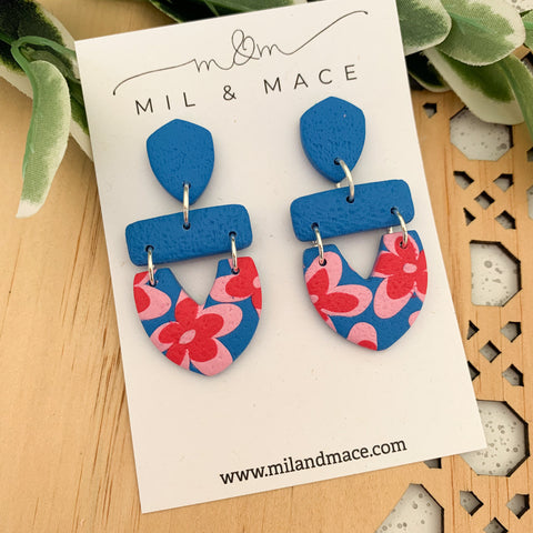 Blue, Red and Pink Floral Polymer Clay Dangle Earrings