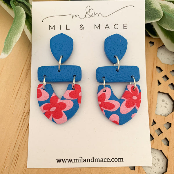 Blue, Red and Pink Floral Polymer Clay Dangle Earrings