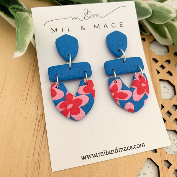 Blue, Red and Pink Floral Polymer Clay Dangle Earrings