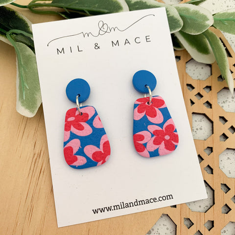 Blue, Red and Pink Floral Polymer Clay Dangle Earrings