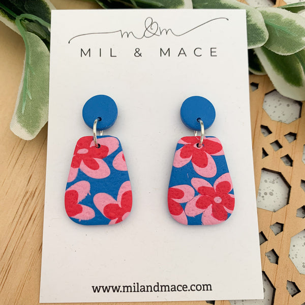 Blue, Red and Pink Floral Polymer Clay Dangle Earrings