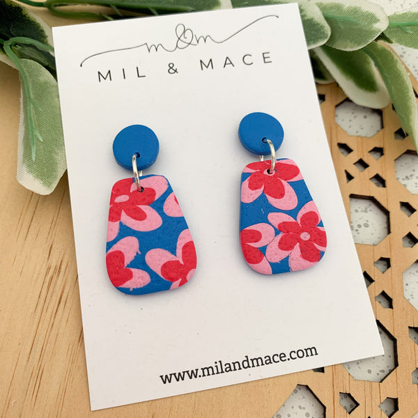 Blue, Red and Pink Floral Polymer Clay Dangle Earrings