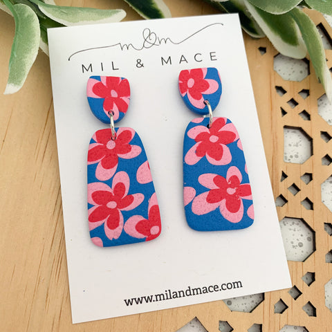 Blue, Red and Pink Floral Polymer Clay Dangle Earrings