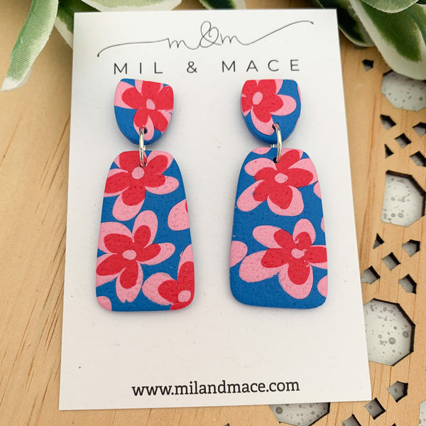 Blue, Red and Pink Floral Polymer Clay Dangle Earrings
