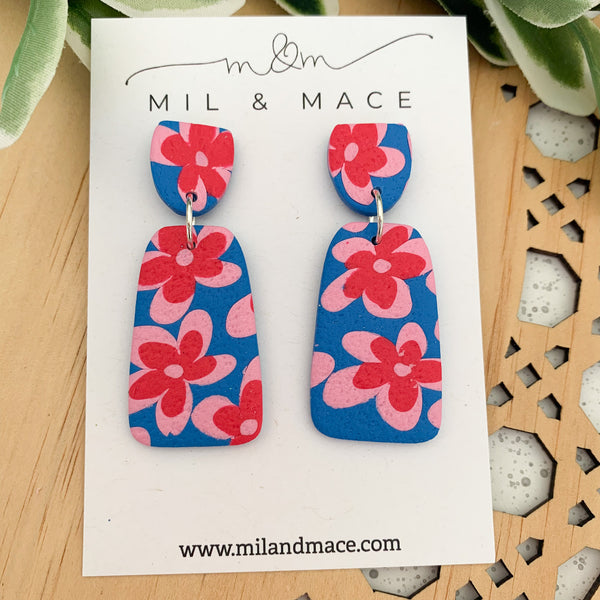 Blue, Red and Pink Floral Polymer Clay Dangle Earrings