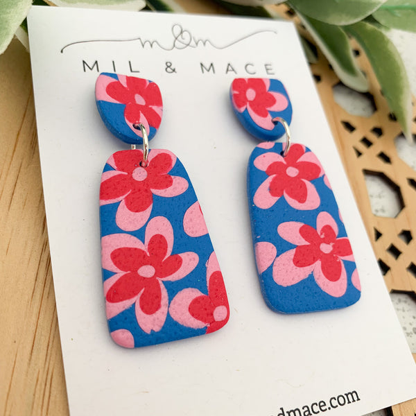 Blue, Red and Pink Floral Polymer Clay Dangle Earrings