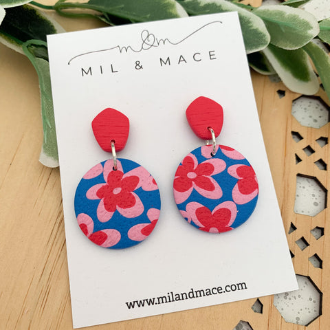 Blue, Red and Pink Floral Polymer Clay Dangle Earrings