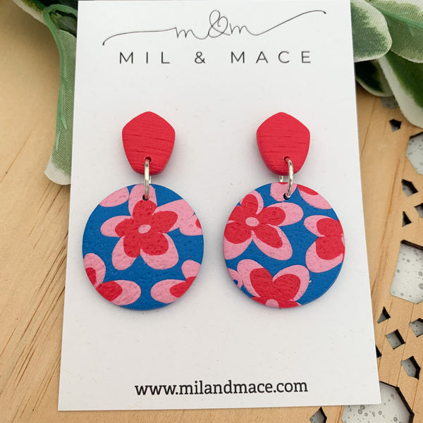 Blue, Red and Pink Floral Polymer Clay Dangle Earrings