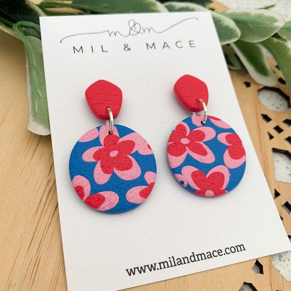 Blue, Red and Pink Floral Polymer Clay Dangle Earrings