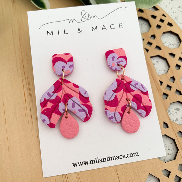 Pink, Purple and Fuchsia Floral Polymer Clay Dangle Earrings