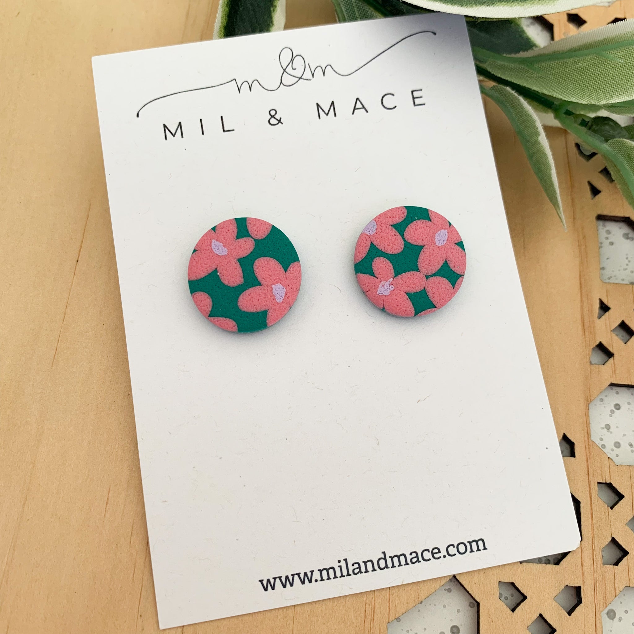 Pink and Green Floral Polymer Clay Stud Earrings