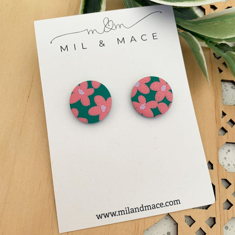 Pink and Green Floral Polymer Clay Stud Earrings