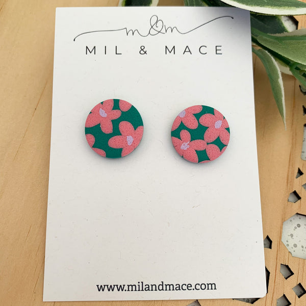 Pink and Green Floral Polymer Clay Stud Earrings