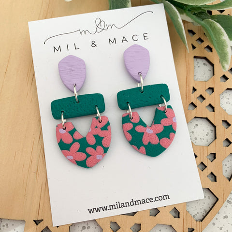 Pink and Green Floral Polymer Clay Dangle Earrings
