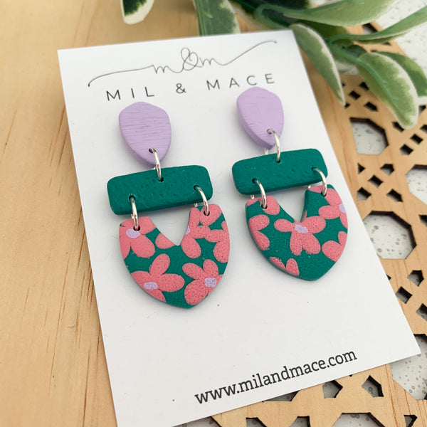 Pink and Green Floral Polymer Clay Dangle Earrings