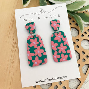 Pink and Green Floral Polymer Clay Dangle Earrings