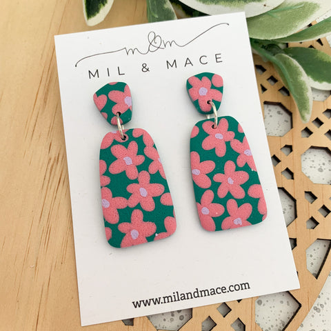 Pink and Green Floral Polymer Clay Dangle Earrings
