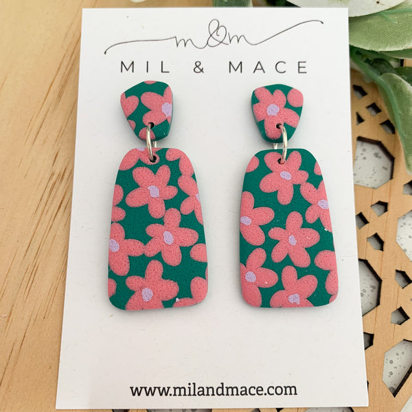 Pink and Green Floral Polymer Clay Dangle Earrings