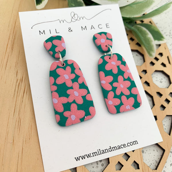 Pink and Green Floral Polymer Clay Dangle Earrings