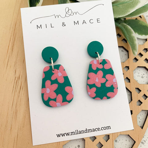 Pink and Green Floral Polymer Clay Dangle Earrings