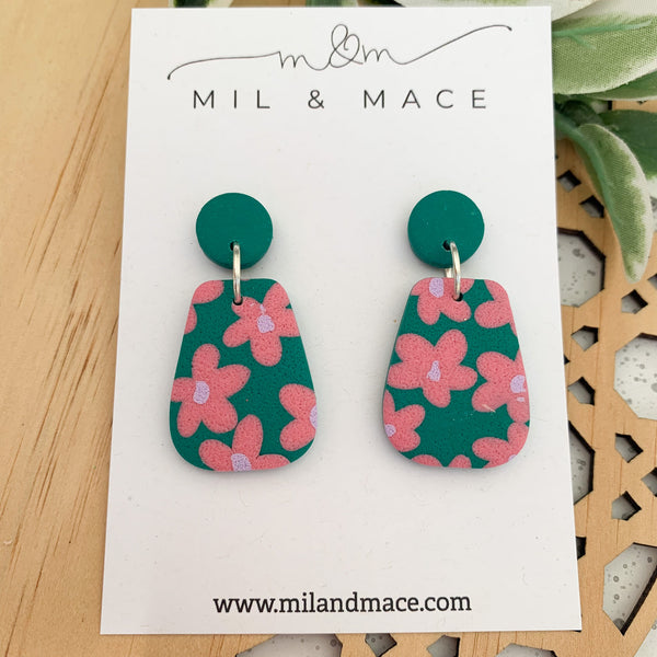 Pink and Green Floral Polymer Clay Dangle Earrings