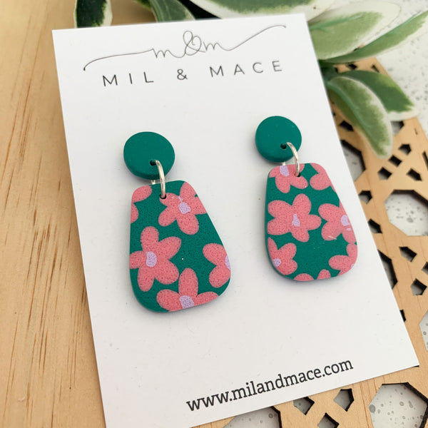 Pink and Green Floral Polymer Clay Dangle Earrings