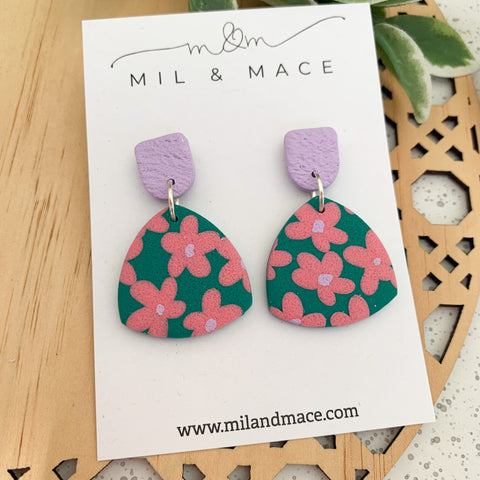 Pink and Green Floral Polymer Clay Dangle Earrings