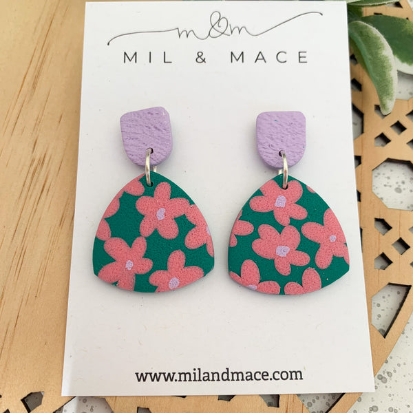 Pink and Green Floral Polymer Clay Dangle Earrings