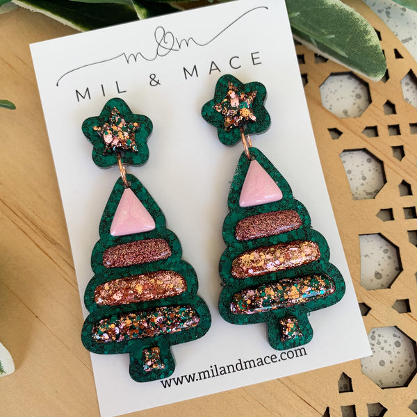 Christmas Bubble Tree Green Resin Dangle Earrings