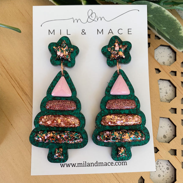 Christmas Bubble Tree Green Resin Dangle Earrings