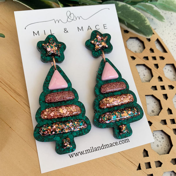 Christmas Bubble Tree Green Resin Dangle Earrings