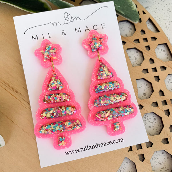 Christmas Bubble Tree Pink Resin Dangle Earrings