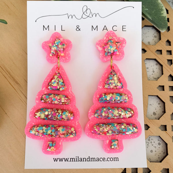 Christmas Bubble Tree Pink Resin Dangle Earrings