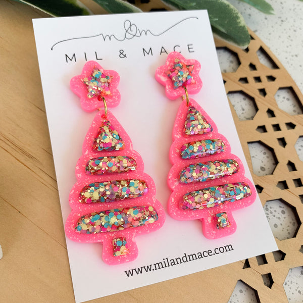 Christmas Bubble Tree Pink Resin Dangle Earrings