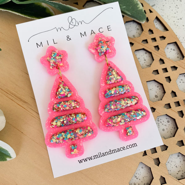Christmas Bubble Tree Pink Resin Dangle Earrings