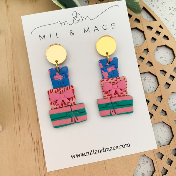 Christmas Present Stack Polymer Clay Dangle Earrings