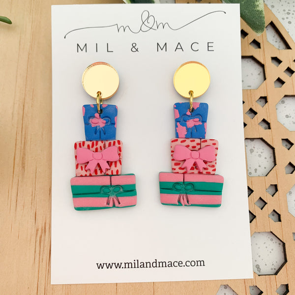 Christmas Present Stack Polymer Clay Dangle Earrings