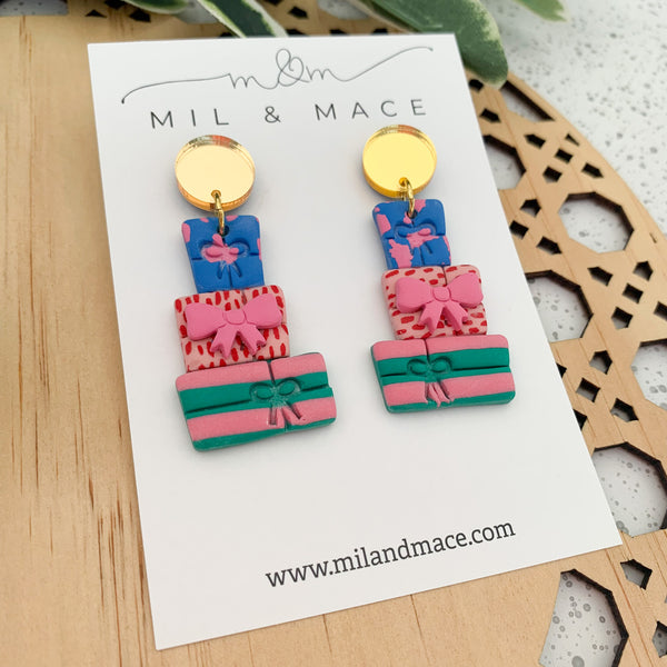 Christmas Present Stack Polymer Clay Dangle Earrings