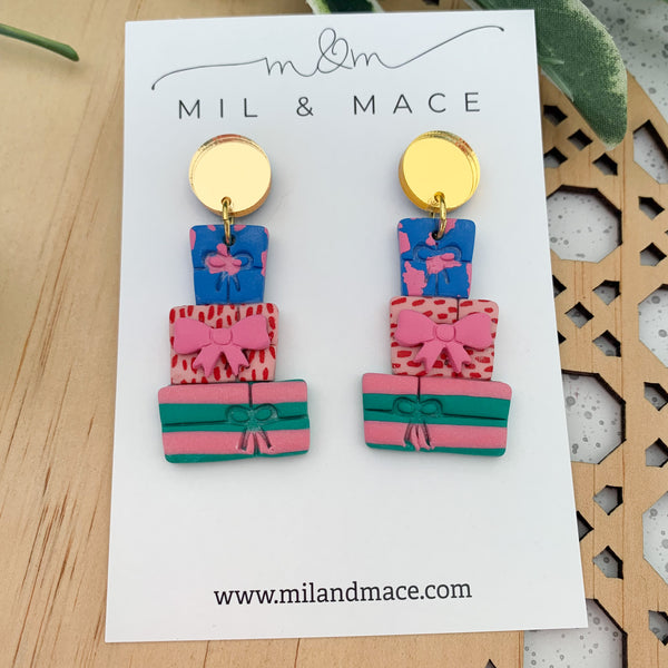 Christmas Present Stack Polymer Clay Dangle Earrings