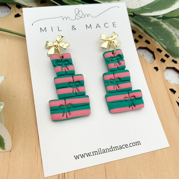 Christmas Present Stack Pink and Green Polymer Clay Dangle Earrings