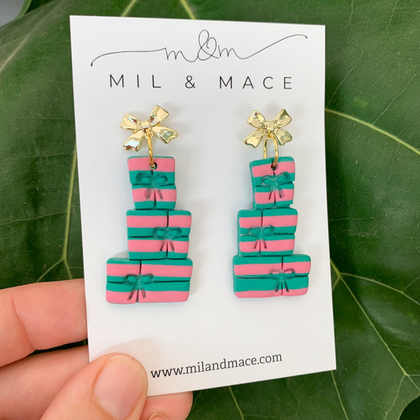 Christmas Present Stack Pink and Green Polymer Clay Dangle Earrings