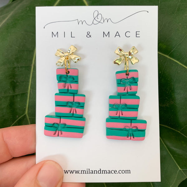 Christmas Present Stack Pink and Green Polymer Clay Dangle Earrings