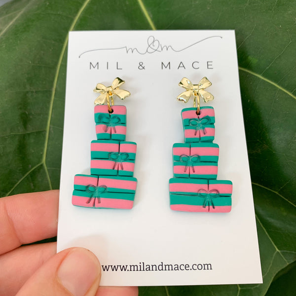 Christmas Present Stack Pink and Green Polymer Clay Dangle Earrings
