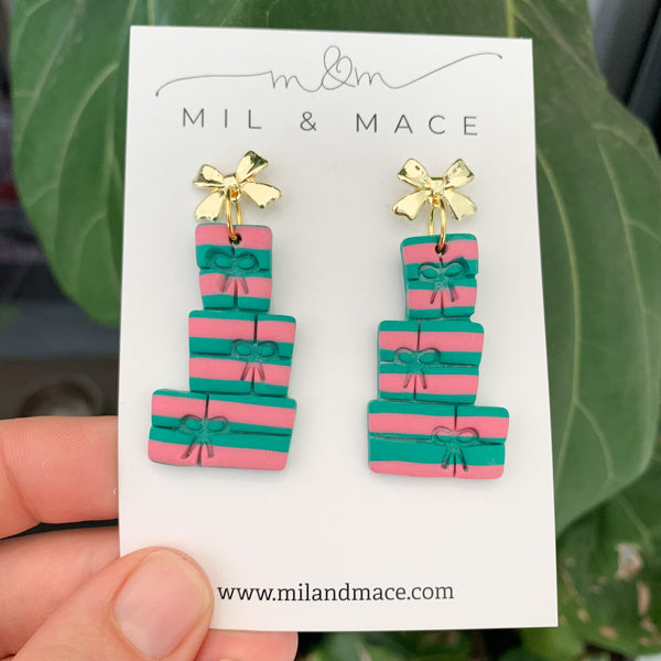 Christmas Present Stack Pink and Green Polymer Clay Dangle Earrings