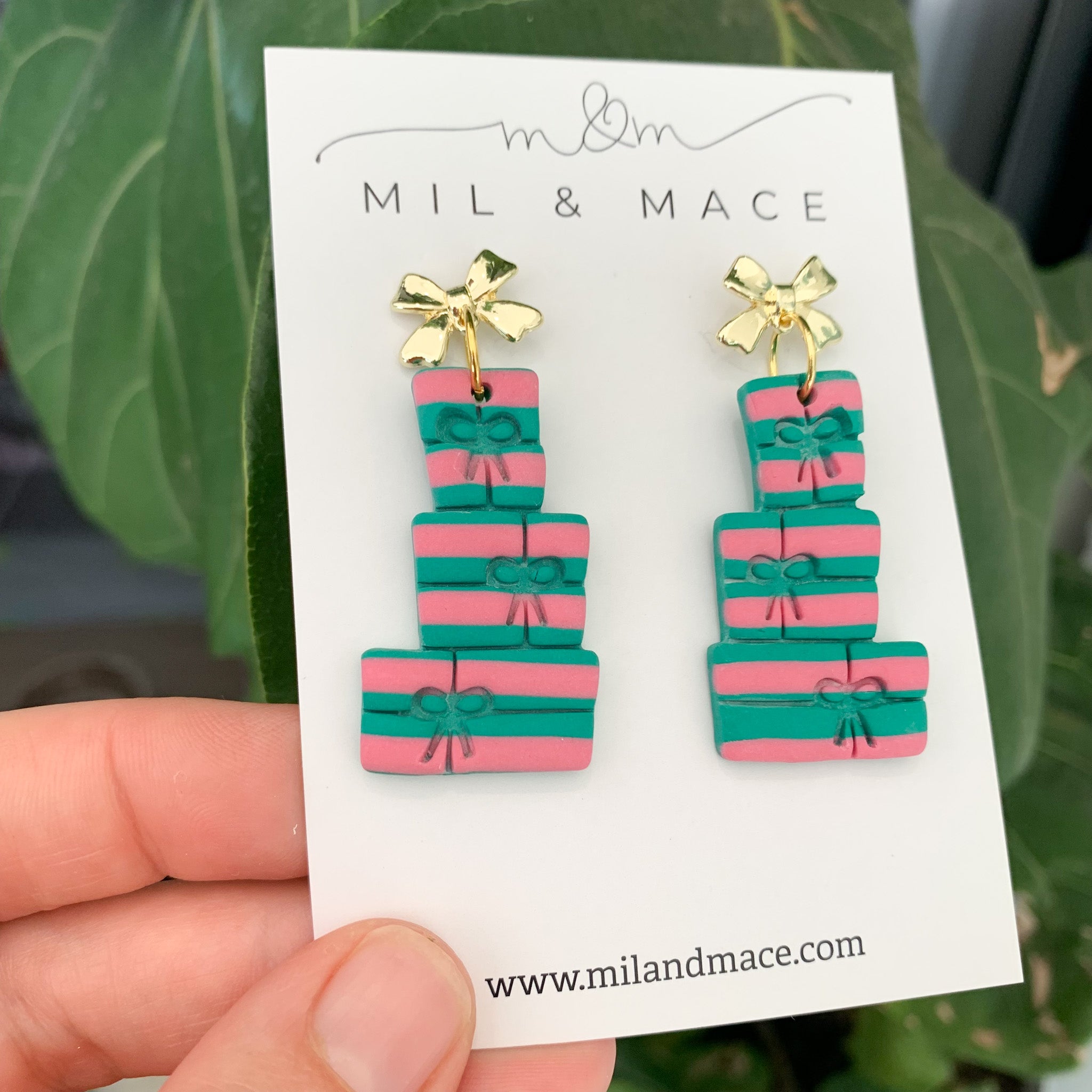 Christmas Present Stack Pink and Green Polymer Clay Dangle Earrings